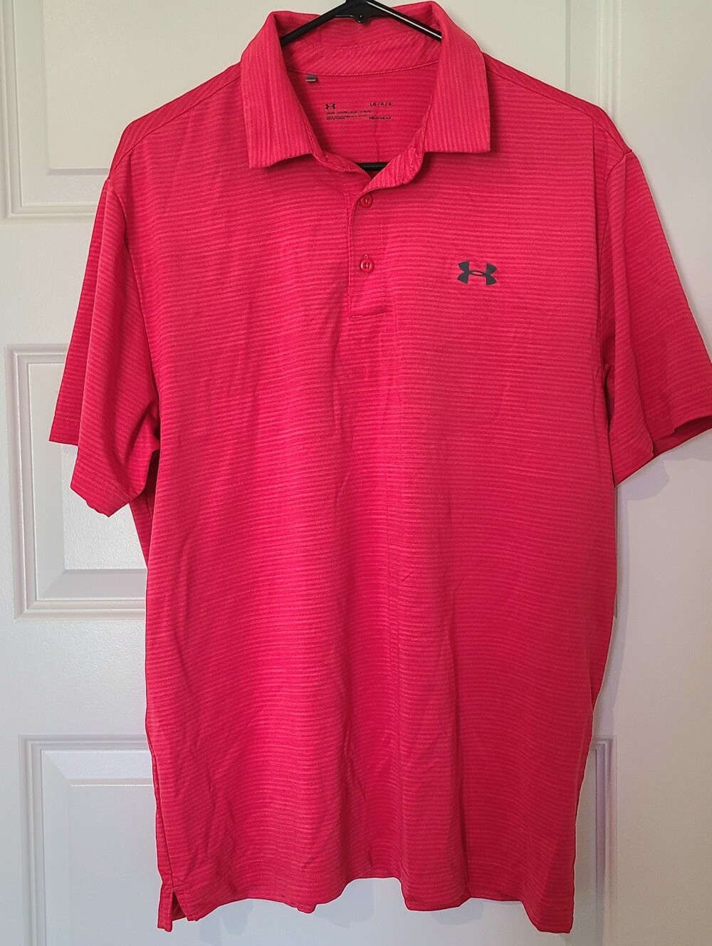 Under Armour Mens Pink Striped Polyester Short Sleeve Polo Shirt Heat Gear SZ L